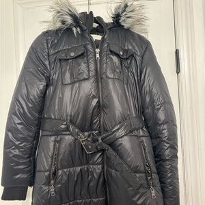 New York & Company Black Puffer Coat with Faux Fur Hood